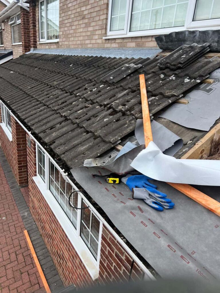 This is a photo of a pitched roof which is being repaired. The existing roof was leaking badly. Works carried out by Sawston Roofing Repairs
